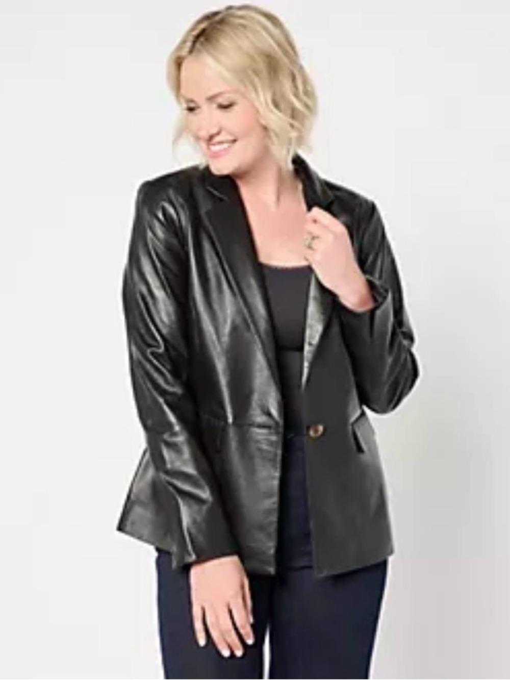 DENIM & COMPANY PETITE LAMB LEATHER TWO BUTTON BLAZER